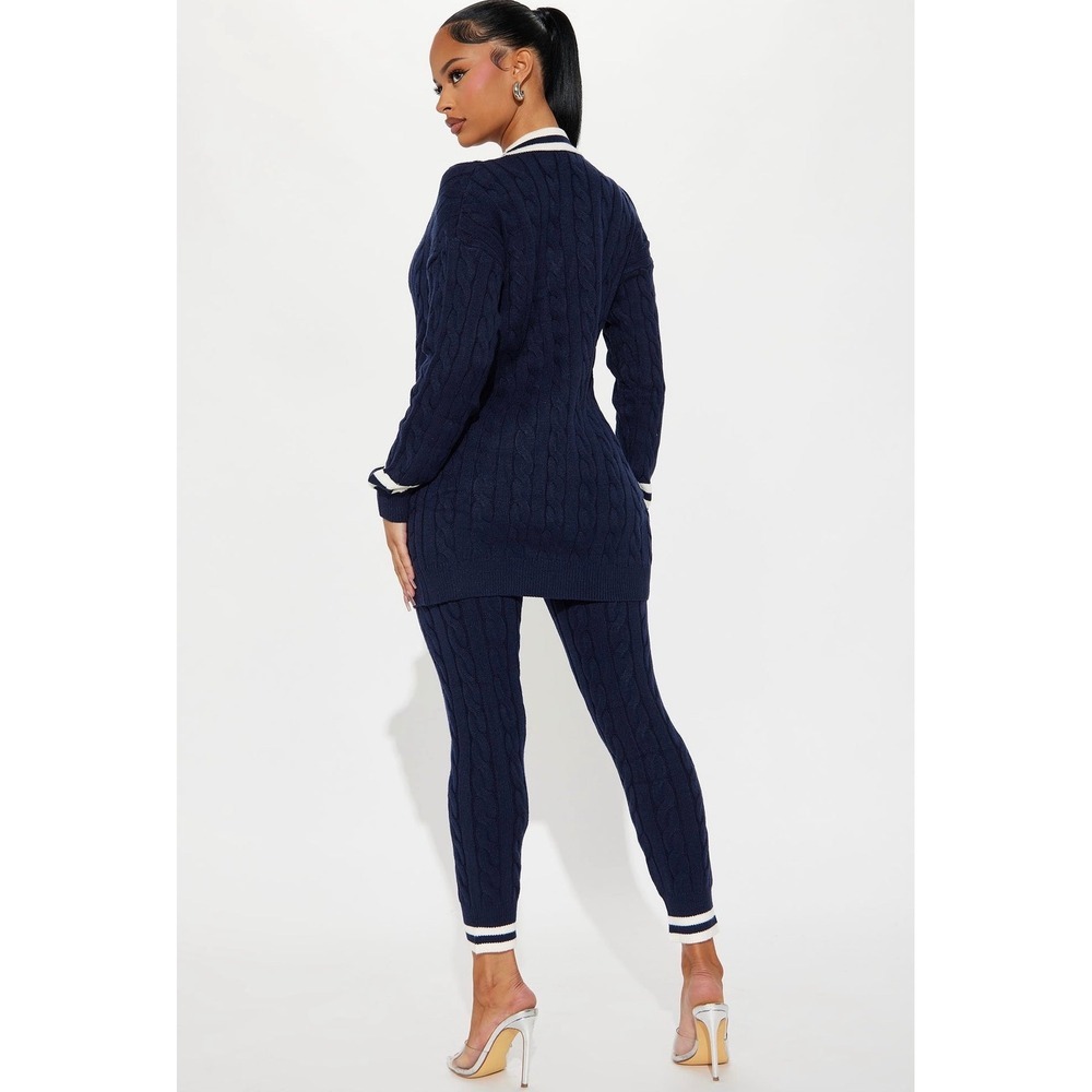 Fashion Nova Cardigan Sweater Womens Size M Navy Blue Cable Knit Varsity Stripe - Picture 3 of 10